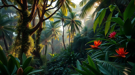 Tropical forest with palm trees and flowers in the morning.の写真素材