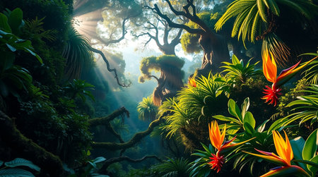 Tropical rainforest with flowers and birds of paradise trees.の写真素材