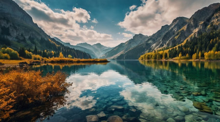 panoramic view of autumn alpine lake with mountains reflection in water