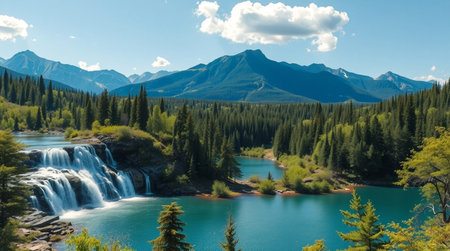 Mountain lake with a waterfall in the background, Alberta, Canada