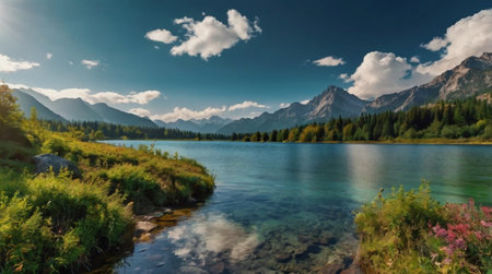Panoramic view of the lake in Dolomites, Italyの写真素材