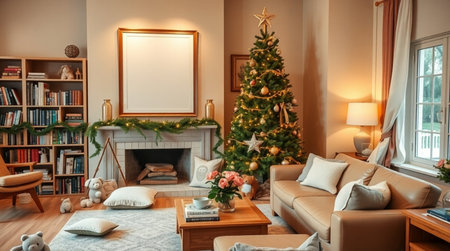 Interior of living room with decorated Christmas tree, sofa and armchairの写真素材