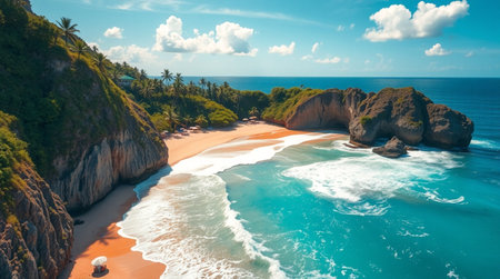Aerial view of beautiful tropical beach with turquoise water and white sand. Seascape with turquoise ocean and blue skyの写真素材