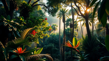 Tropical garden with palm trees and flowers in morning light.の写真素材
