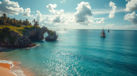 Panoramic view of beautiful tropical beach with turquoise water and white sand.