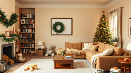 Interior of the living room with a Christmas tree. 3D renderingの写真素材