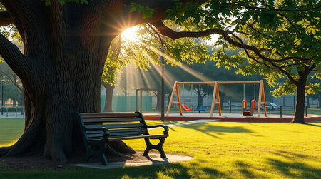 Bench and swing in the park at sunset. 3d render.の写真素材