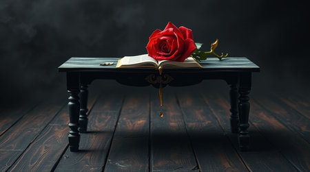 A red rose and a book on an old wooden tableの写真素材