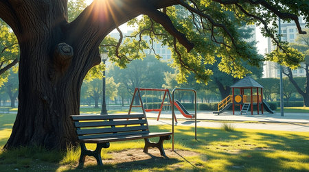 Empty bench and playground in the park at sunset. 3d rendering