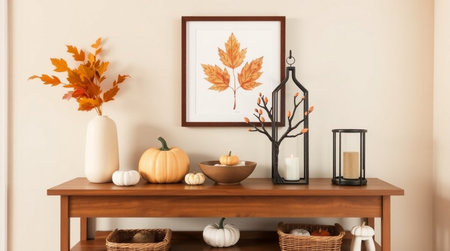 Autumn composition with pumpkins, leaves and candles on wooden table