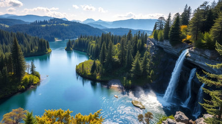 Beautiful view of a mountain lake with a waterfall in the backgroundの写真素材