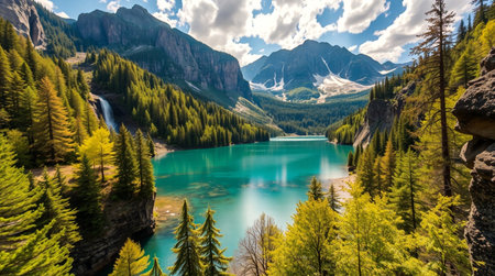 Mountain lake in the Dolomites, Italy. The concept of active and photo tourismの写真素材