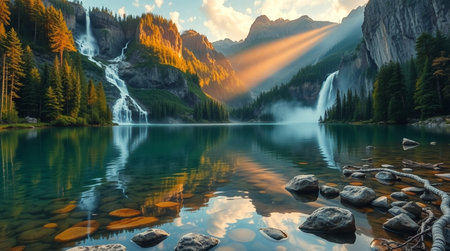 Beautiful alpine lake with waterfall in Dolomites, Italyの写真素材