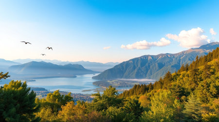 Lake Como at sunrise, Lombardy, Italy. Panoramic viewの写真素材