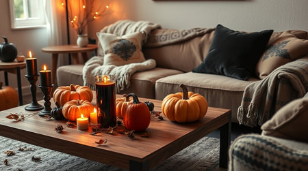 Wooden table with burning candles and pumpkins in cozy living roomの写真素材