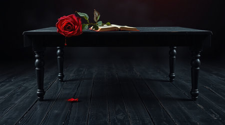 Red rose and old book on a black wooden table with dark backgroundの写真素材