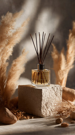 Aromatherapy reed air freshener in glass bottle on stone podium with dried pampas grass.