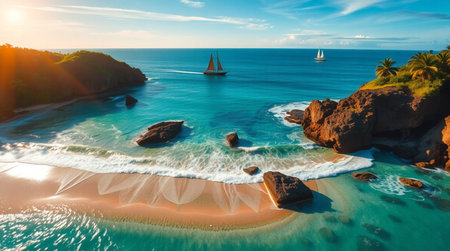 Aerial view of beautiful beach with white sand, turquoise water, palm trees and boats at sunset. Drone photo.の写真素材