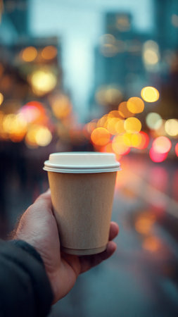 A man holds a paper cup of coffee on the background of the night city.の写真素材