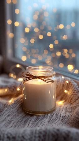 Burning candle in glass jar on knitted plaid near windowの写真素材