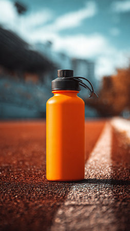 Orange sport bottle on the running track. Healthy lifestyle concept. 3D Renderingの写真素材