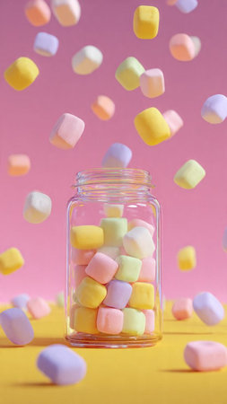 Colorful marshmallows in a glass jar on a pink backgroundの写真素材