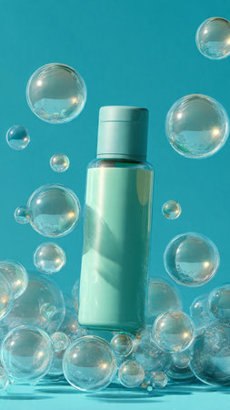 Cosmetic bottle on a blue background with soap bubbles. Skin care conceptの写真素材