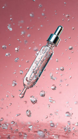 Dropper bottle with serum and drops of water on pink background.の写真素材