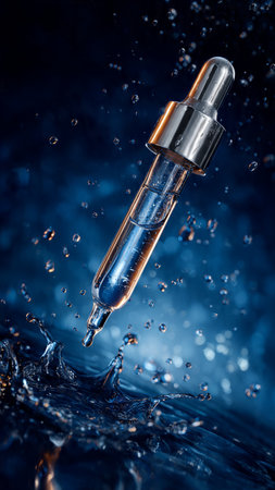 Dropper with a drop of serum in water. Blue background.の写真素材