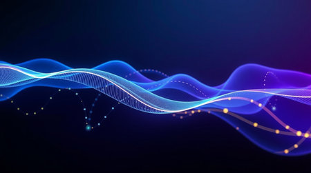 Abstract blue wave with glowing particles. Technology background. Vector illustration.
