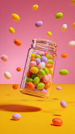 Colorful candies falling in a jar on a pink and yellow background