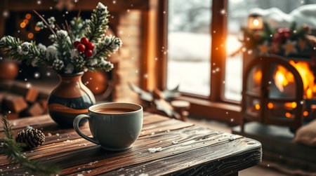 Cup of hot drink on wooden table in front of winter window.の写真素材
