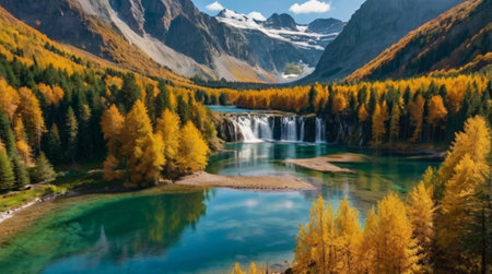 Autumn alpine landscape with lake and waterfall. Mountain lake in the mountains.の写真素材
