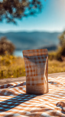 Coffee beans in a paper bag on a picnic blanket.の写真素材