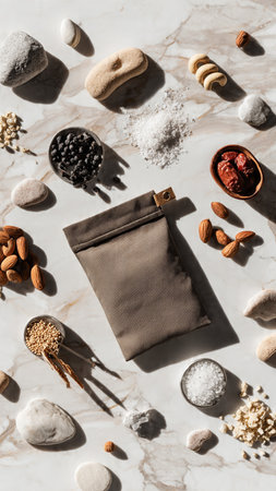 Natural organic cosmetics with nuts and sea stones background, flat layの写真素材