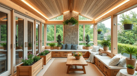 Interior of a country house with terrace and garden. Nobody inside