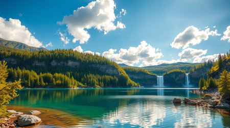 Panoramic view of beautiful mountain lake with a waterfall in the backgroundの写真素材