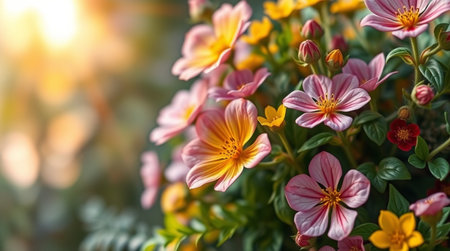 Beautiful pink and yellow flowers in the garden. Nature background.