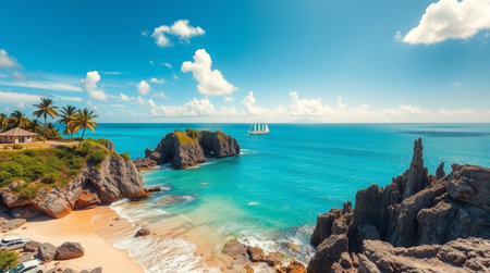 Panoramic view of beautiful beach with turquoise water and white sand.の写真素材