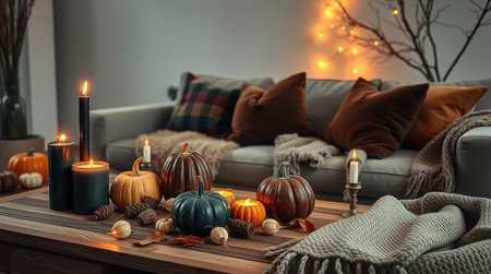 Autumn composition with candles and pumpkins on table in living roomの写真素材