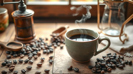 Cup of coffee and coffee beans on wooden table, closeupの写真素材