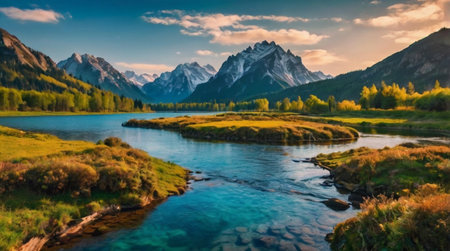 Panoramic view of the mountain lake in the Altai mountainsの写真素材