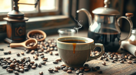 Cup of coffee and coffee beans on wooden table, closeupの写真素材