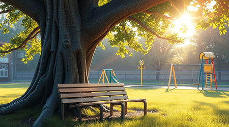 Wooden bench under a tree in the park at sunset. 3d renderingの写真素材