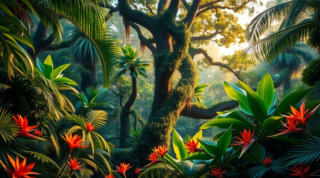 Beautiful tropical forest with green leaves and red flowers in the morningの写真素材