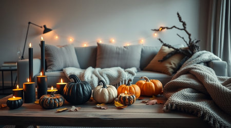 Cozy autumn home interior with candles, pumpkins and knitted plaidの写真素材