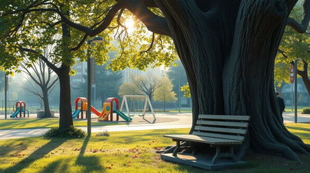 Wooden bench and playground in park at sunrise, 3d render