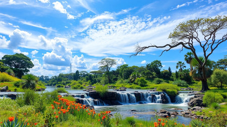 Panoramic view of a waterfall with red poppies in the foregroundの写真素材