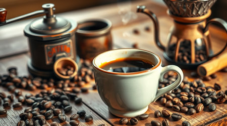 Coffee grinder and coffee beans on a wooden table.の写真素材