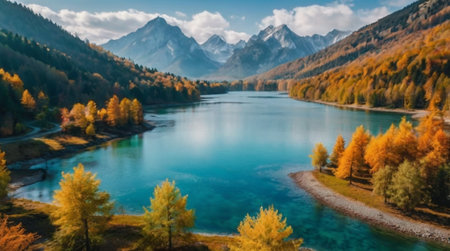 Panoramic view of beautiful alpine lake and mountains in autumnの写真素材